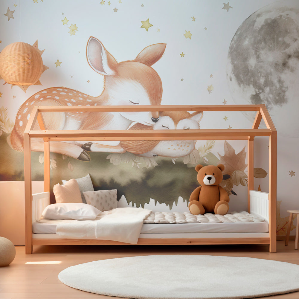Forest animals wallpaper with moonlight scene creating peaceful kids room atmosphere by Kids-Mundo