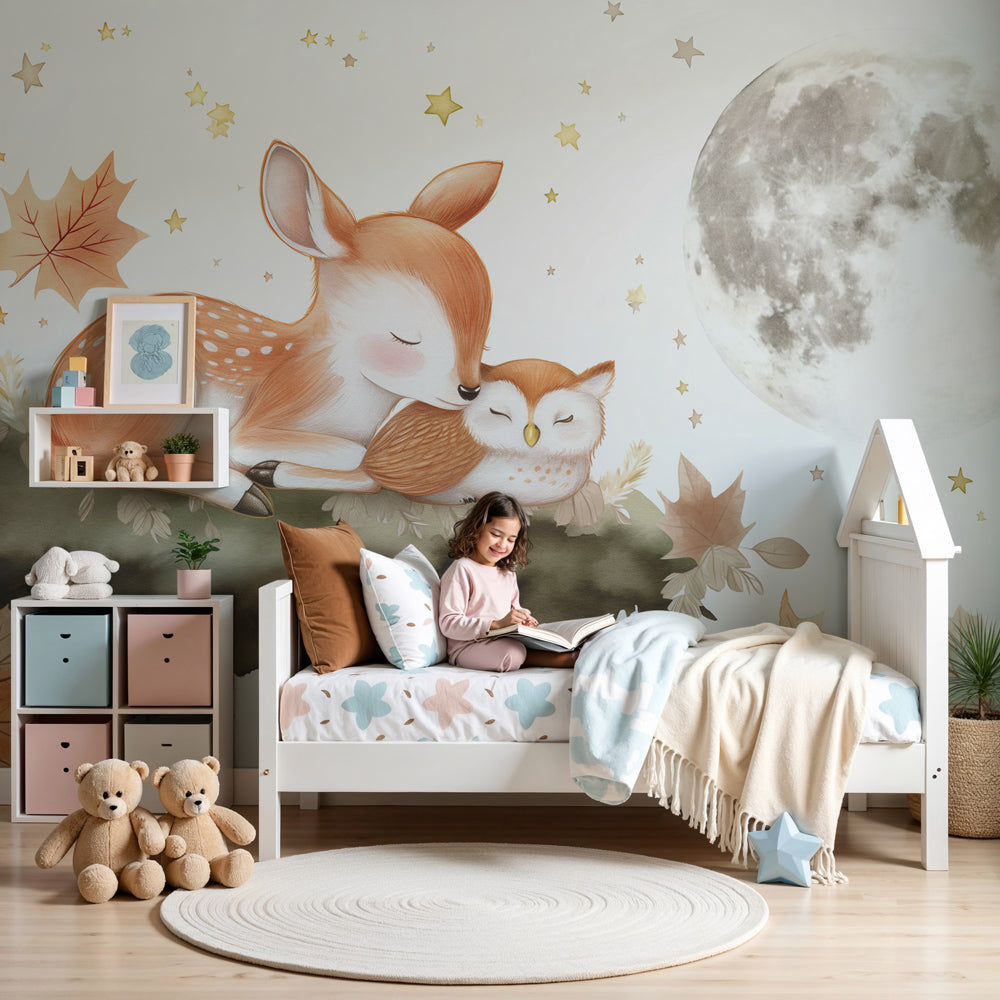 Woodland animals mural wallpaper with moose and owl creating magical nursery decor by Kids-Mundo