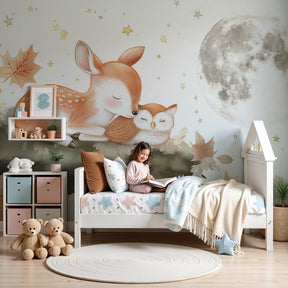 Woodland animals mural wallpaper with moose and owl creating magical nursery decor by Kids-Mundo