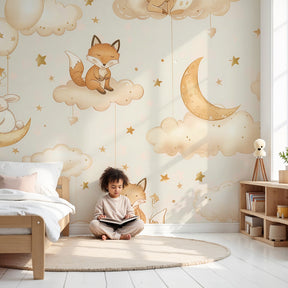 Woodland animals mural wallpaper with foxes and rabbits on clouds in modern nursery by Kids-Mundo