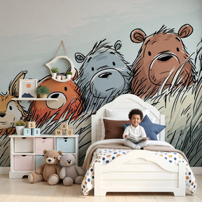 Woodland animals mural wallpaper featuring forest friends in cozy nursery setting by Kids-Mundo
