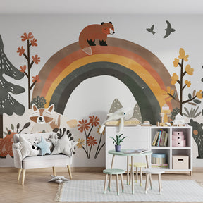 Enchanted forest mural wallpaper transforming children's playroom with woodland creatures