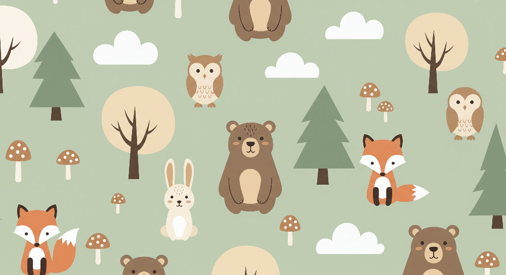 Kids-Mundo flat artwork of a repeating woodland pattern with bears, foxes, owls and rabbits