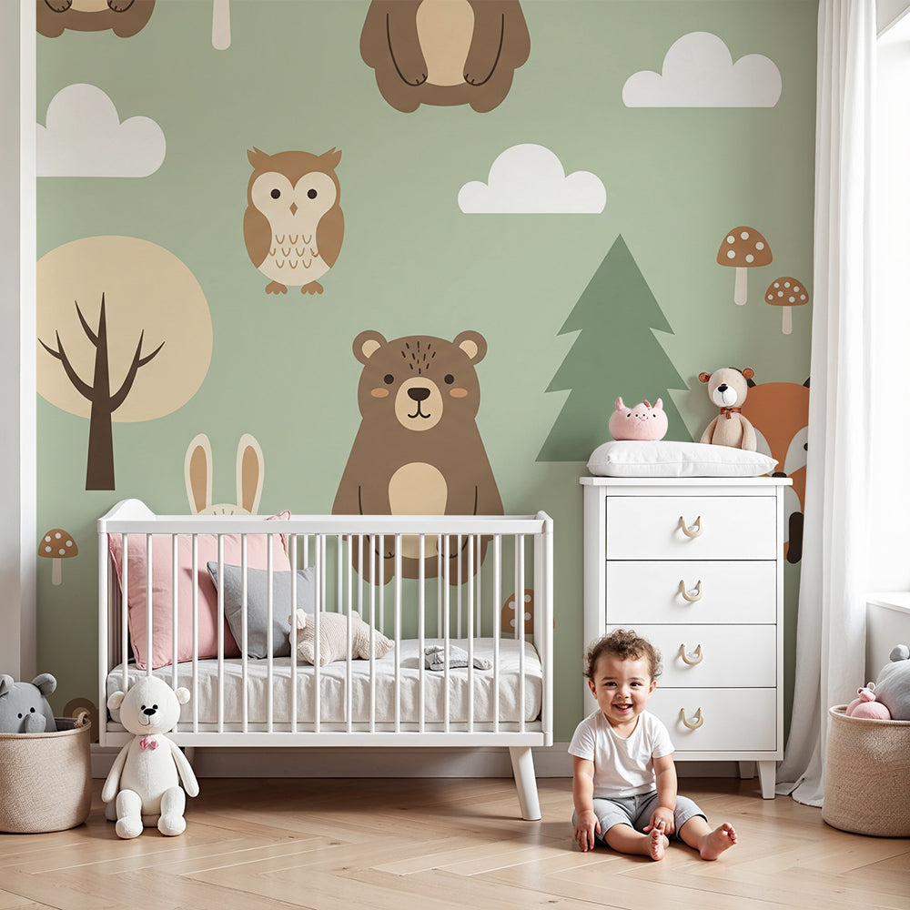Kids-Mundo woodland animal pattern wall mural in a soft sage green nursery