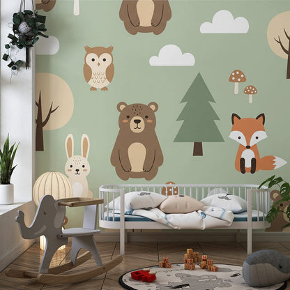 Kids-Mundo woodland friends pattern mural bringing playful colour to a playroom