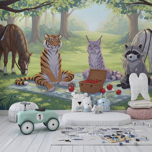 Kids-Mundo forest picnic wall mural styled on a child's bedroom wall with calming green tones