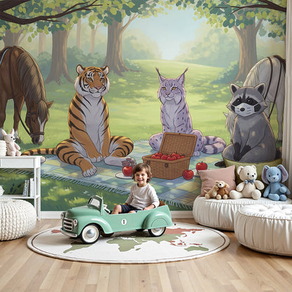 Kids-Mundo woodland animal wall mural with picnicking tiger and raccoon in a soft green nursery