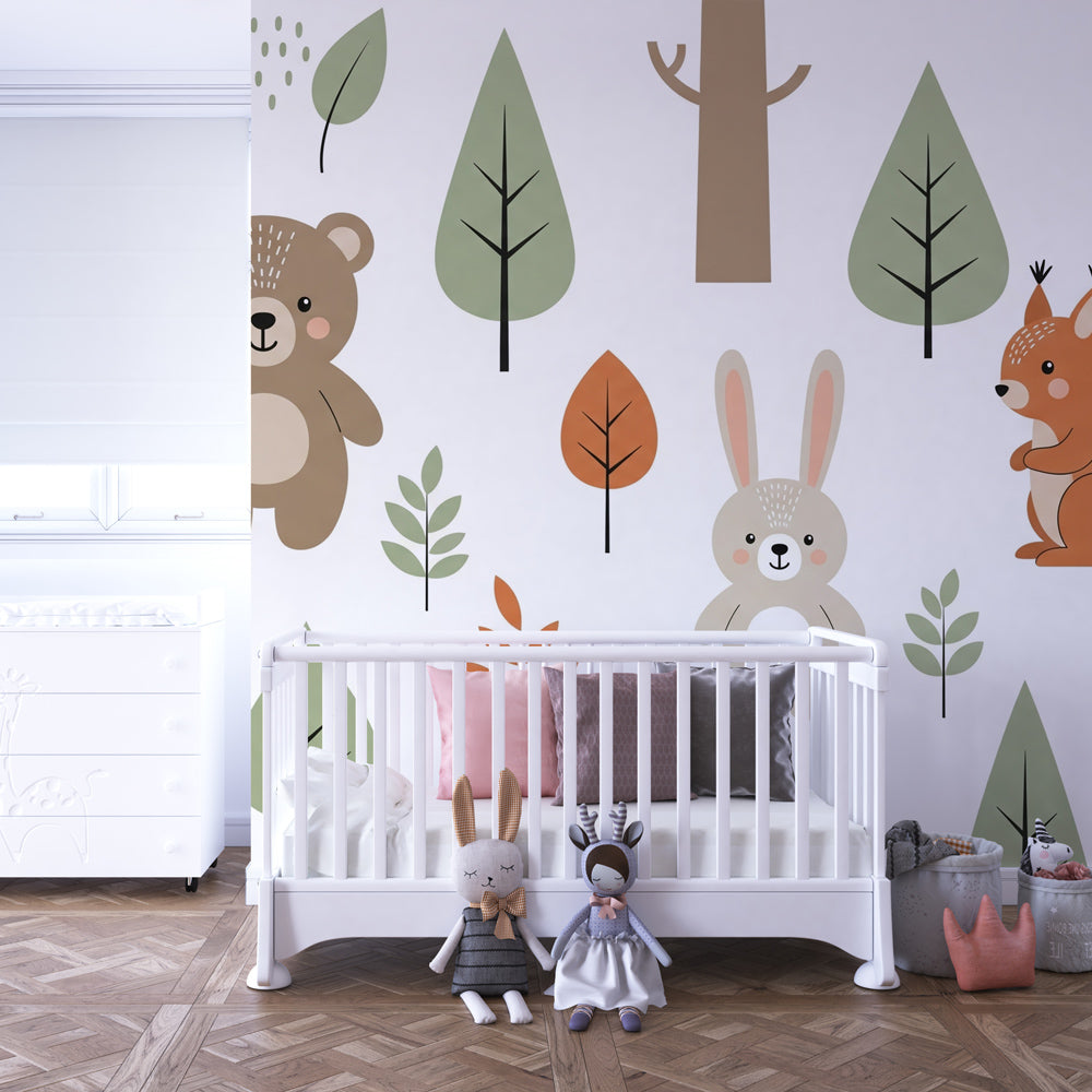 Kids-Mundo bear, rabbit and squirrel wall mural covering a feature wall in a child's bedroom