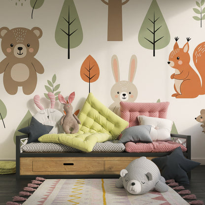 Kids-Mundo woodland animals pattern mural on a playroom wall behind a reading tent