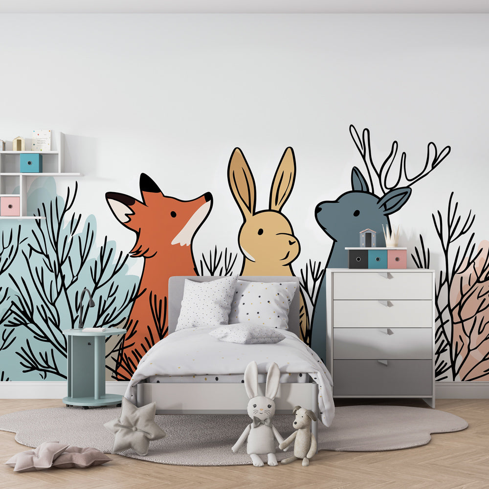 Woodland creatures wallpaper creating magical forest theme in children's bedroom decor