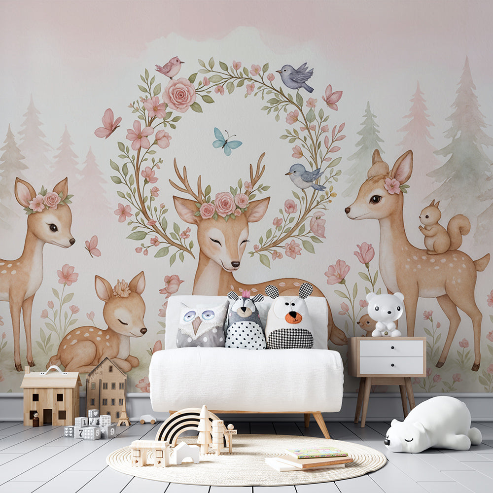 Kids-Mundo deer family wall mural on a feature wall in a children's bedroom