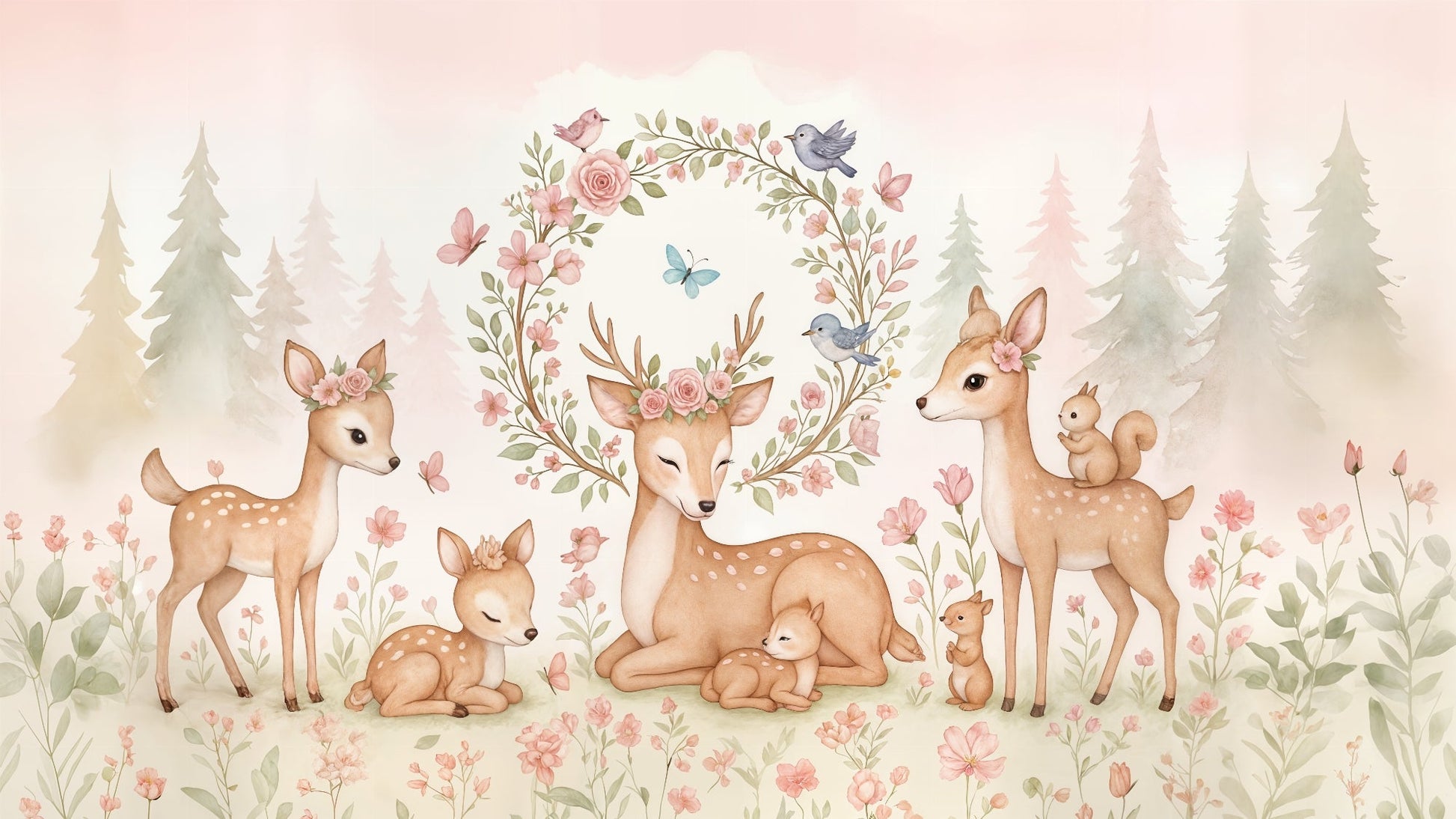 Kids-Mundo deer wall mural flat artwork showing a deer family beneath a floral wreath