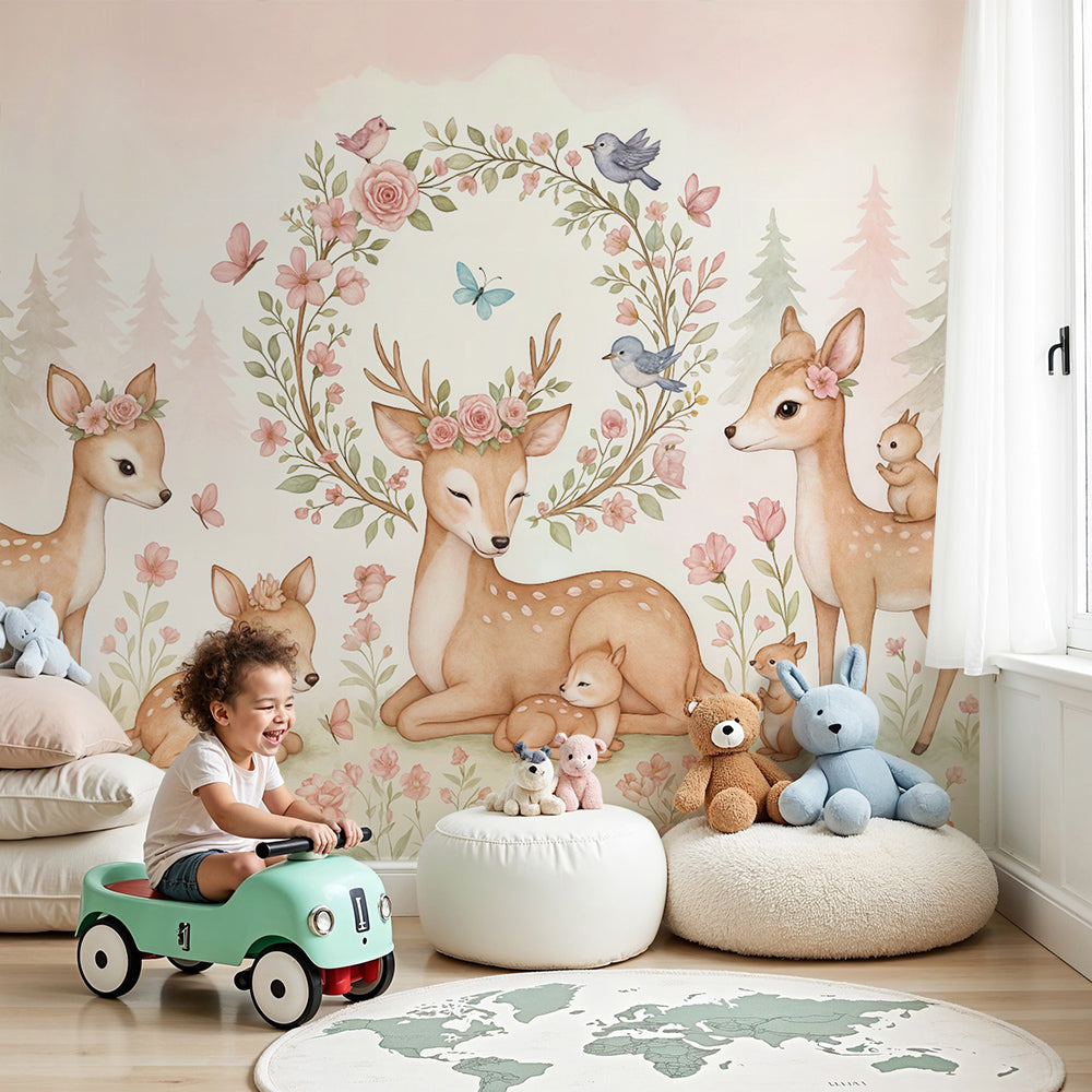 Kids-Mundo woodland deer wall mural styled in a soft, calming nursery room