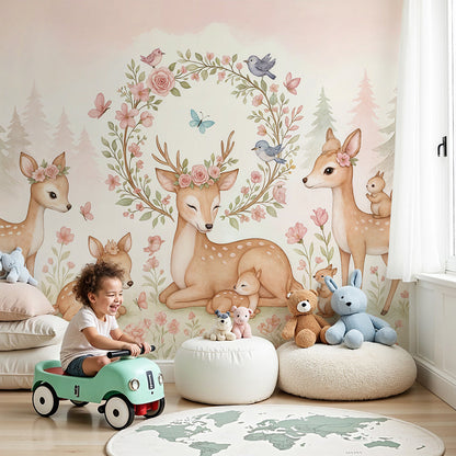 Kids-Mundo woodland deer wall mural styled in a soft, calming nursery room