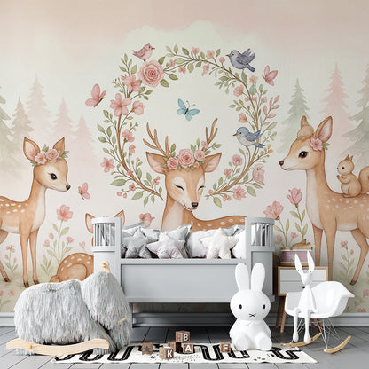 Kids-Mundo woodland deer wall mural bringing a gentle forest scene to a playroom