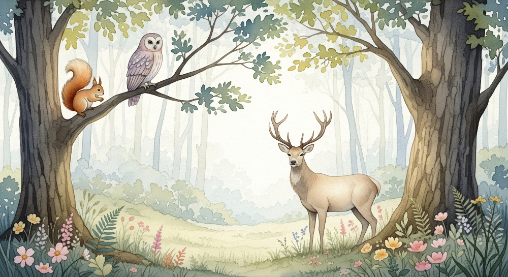 Woodland Deer, Owl and Squirrel Wall Mural