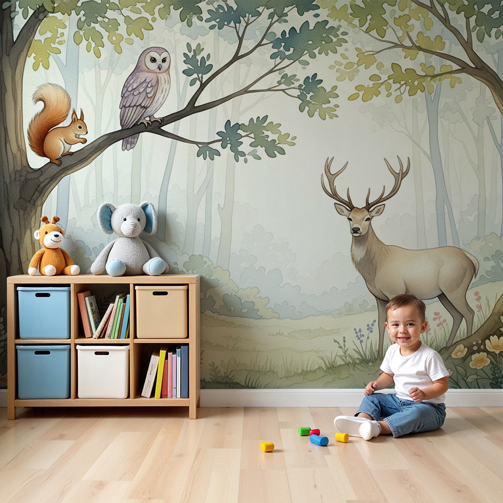 Kids-Mundo woodland wall mural with deer, owl and squirrel in a soft green baby nursery