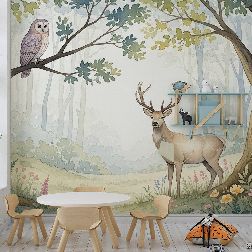 Kids-Mundo woodland deer and owl wall mural featured in a bright children's playroom