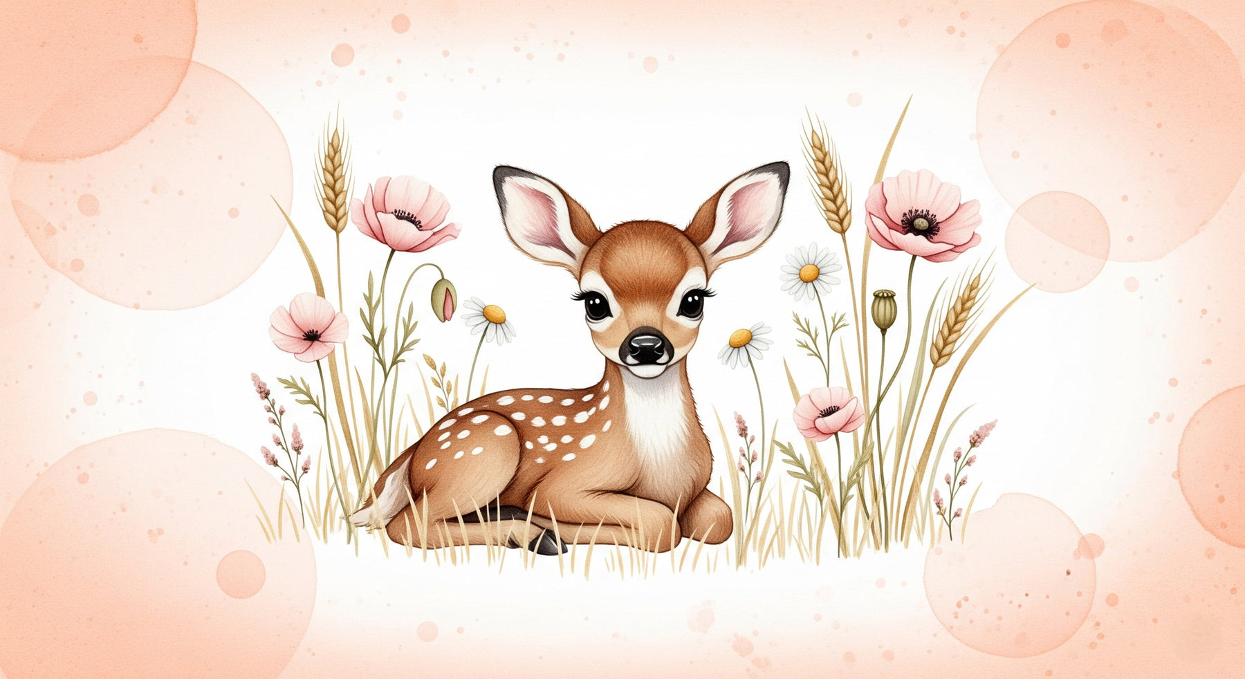 Detailed woodland fawn and flowers mural wallpaper design pattern with soft pink tones by Kids-Mundo