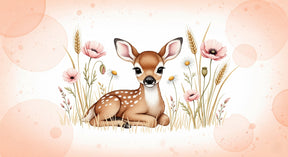Detailed woodland fawn and flowers mural wallpaper design pattern with soft pink tones by Kids-Mundo