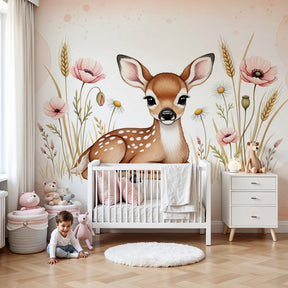 Woodland fawn mural wallpaper creating peaceful nursery decor with floral meadow design by Kids-Mundo