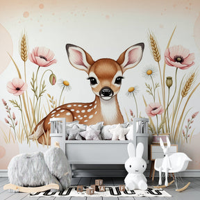 Soft pink floral fawn wallpaper creating calming atmosphere in kids playroom by Kids-Mundo