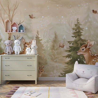 Kids-Mundo woodland animal wall mural bringing character to a shared playroom wall.