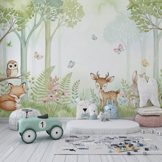 Kids-Mundo enchanted forest wall mural covering a feature wall in a nature-themed kids bedroom