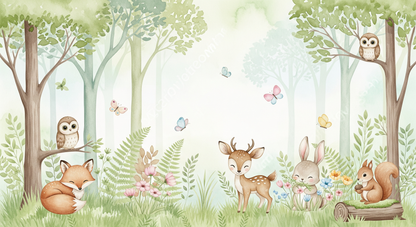 Kids-Mundo flat artwork of woodland animals including a fox, fawn, rabbit, owls and squirrel
