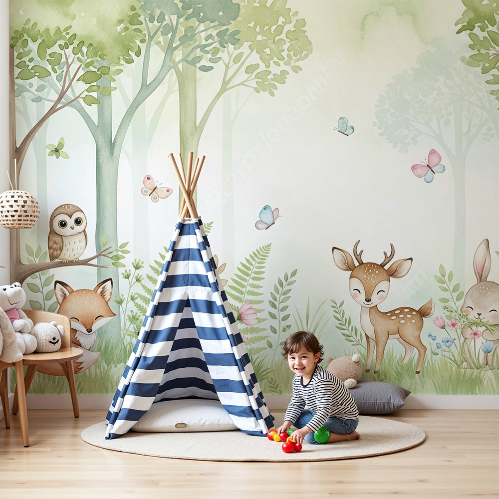Kids-Mundo woodland animals wall mural with fox and deer artwork behind a nursery cot
