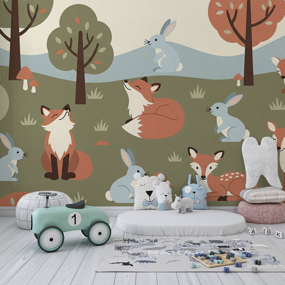 Kids-Mundo fox and forest animals wall mural on a feature wall in a kids bedroom