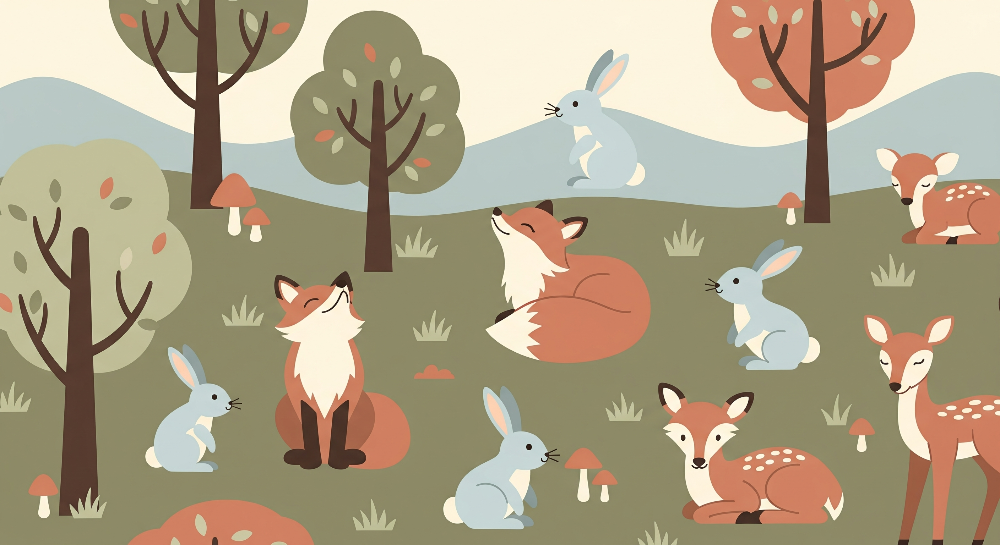 Flat artwork of the Kids-Mundo woodland scene with a fox, rabbits, deer and autumn trees