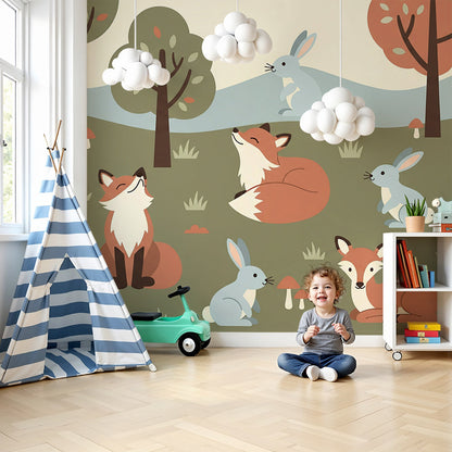 Kids-Mundo woodland animals wall mural above a cot in a green and blue nursery