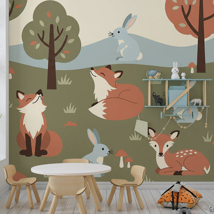 Kids-Mundo woodland mural covering a playroom wall with rabbits and deer