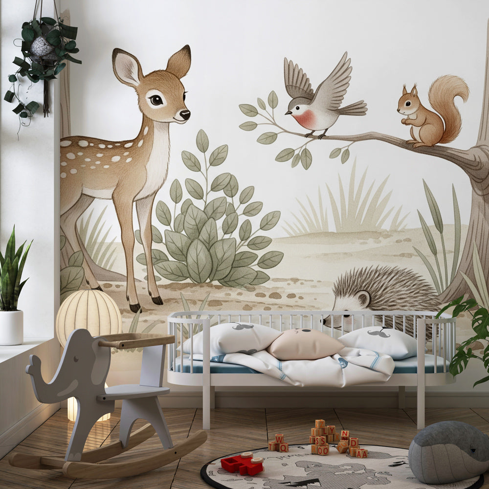 Kids-Mundo fawn and squirrel wall mural set in a cosy children's bedroom