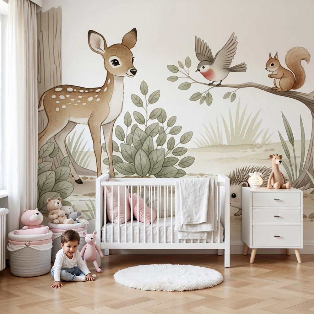 Kids-Mundo woodland friends wall mural styled above a cot in a soft nursery