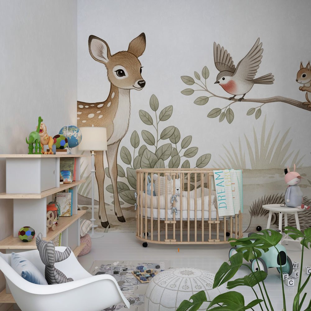 Kids-Mundo hedgehog and fawn wall mural bringing woodland charm to a playroom