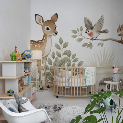 Kids-Mundo hedgehog and fawn wall mural bringing woodland charm to a playroom