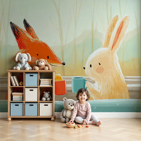 Woodland friends fox and rabbit mural wallpaper in modern nursery room by Kids-Mundo
