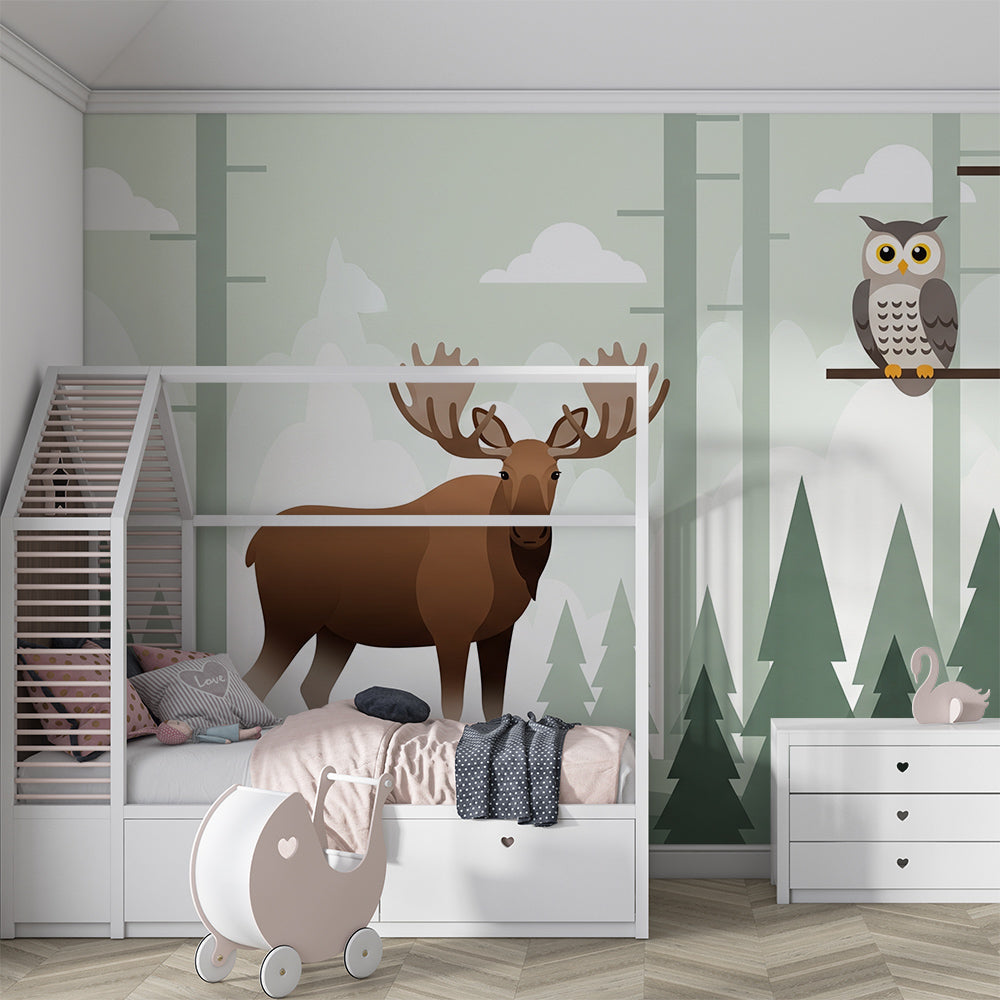 Kids-Mundo woodland animal wall mural brightening a calm, pine-green children's playroom wall