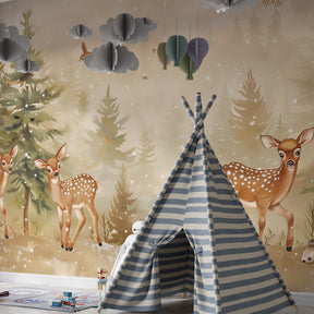 Beige forest mural wallpaper transforming kids playroom into enchanted woodland