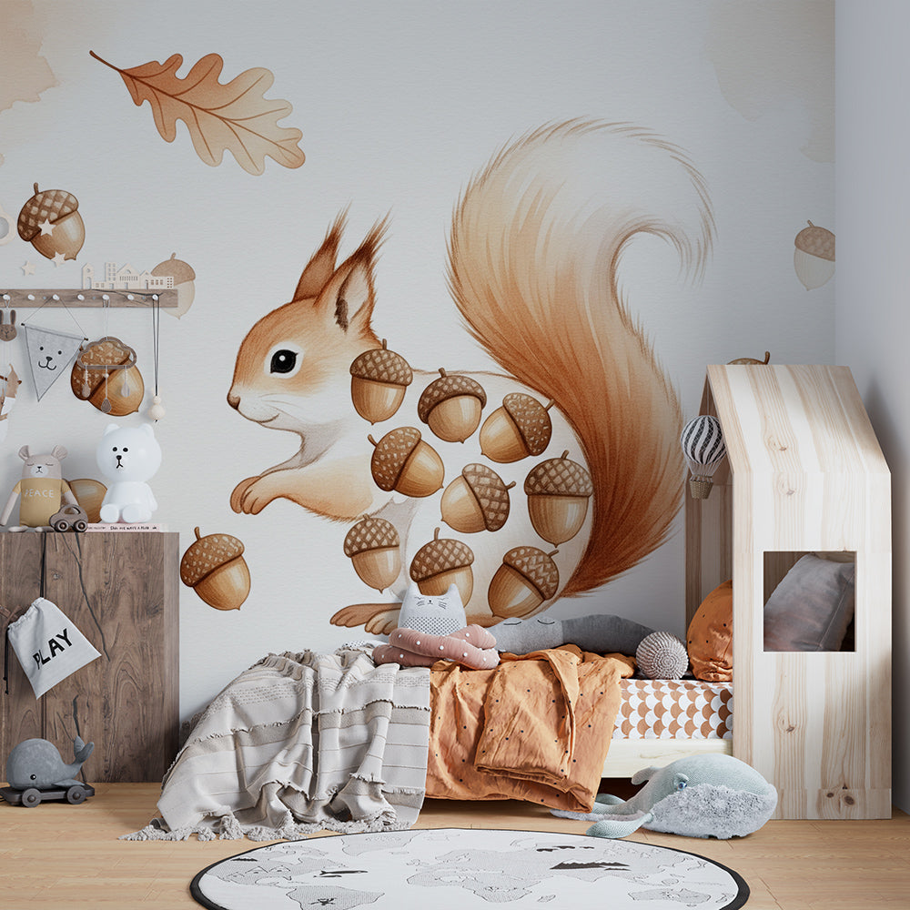 Kids-Mundo squirrel and acorn mural mockup displayed on a feature wall in a kids bedroom