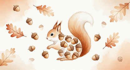 Kids-Mundo hand-painted squirrel and acorn wall mural artwork in warm autumn colours