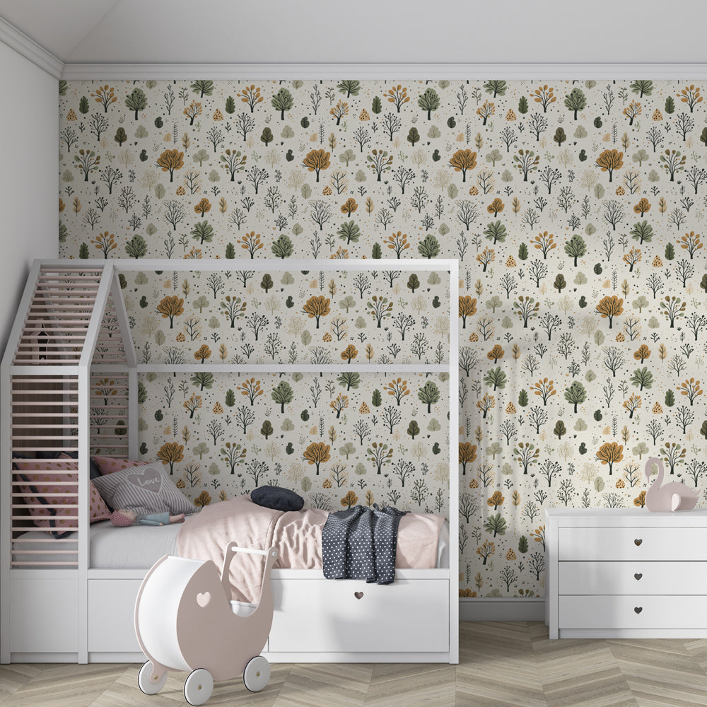 Kids-Mundo woodland trees pattern wall mural covering a child's bedroom feature wall