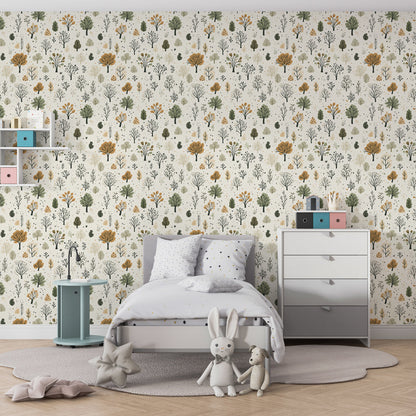 Kids-Mundo woodland pattern wall mural bringing gentle colour to a children's playroom