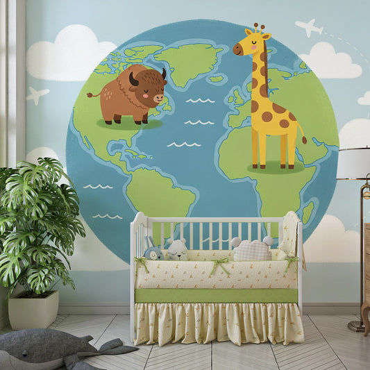 Kids-Mundo world globe wall mural bringing animals and adventure to a kids' bedroom