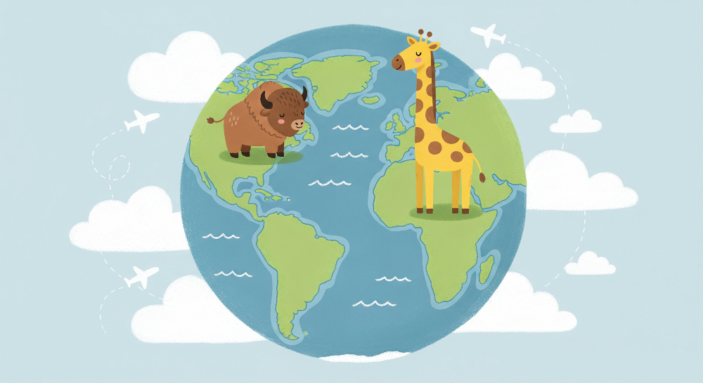 Kids-Mundo illustrated artwork of a giraffe and bison standing on a colourful world globe