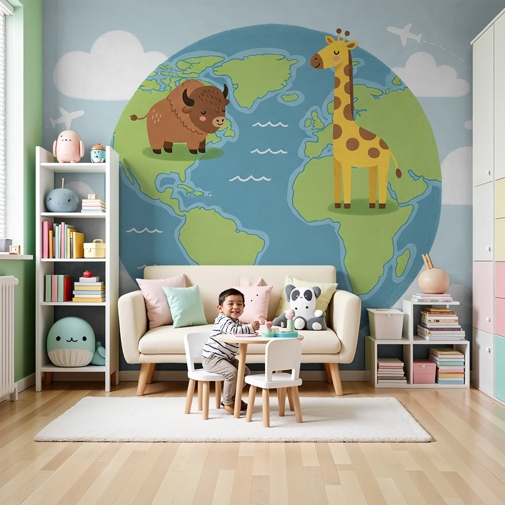 Kids-Mundo world map wall mural with giraffe and bison on a globe in a bright nursery