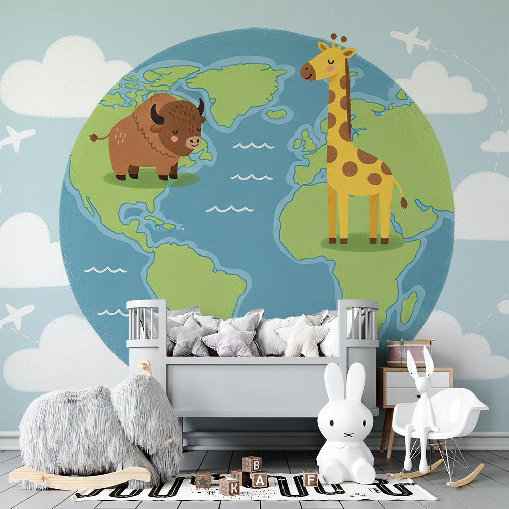 Kids-Mundo world map animals wall mural adding a travel theme to a playroom