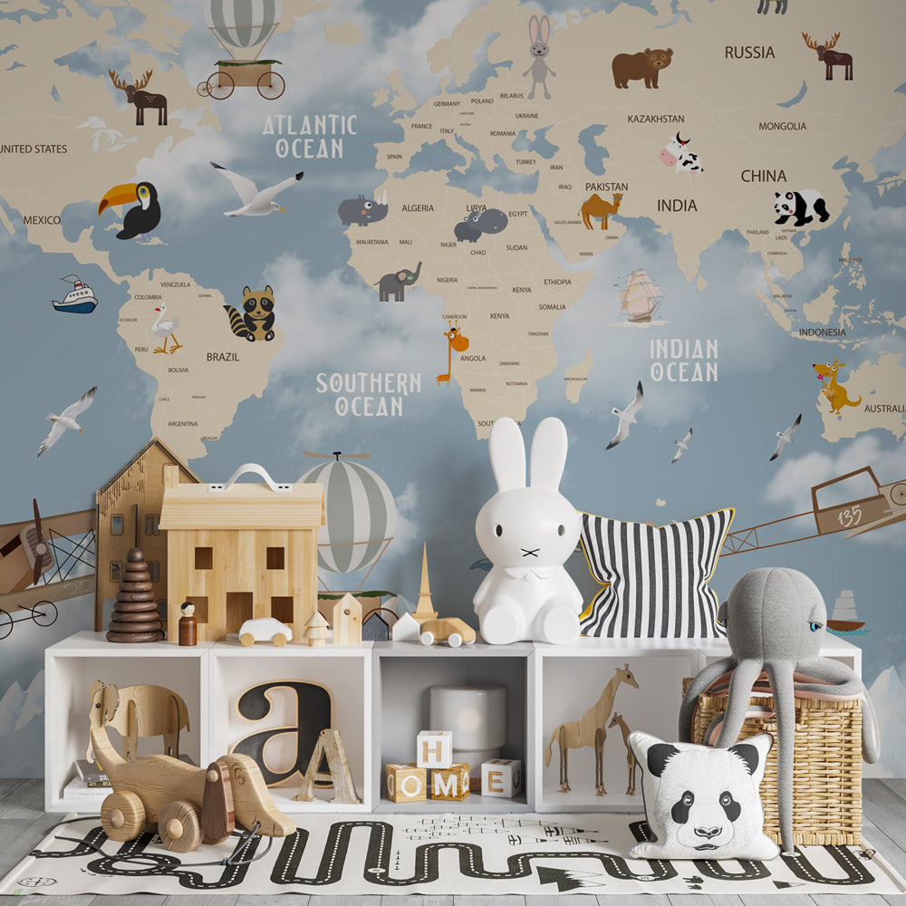 Kids-Mundo world map wall mural with biplanes and balloons filling a playful playroom wall
